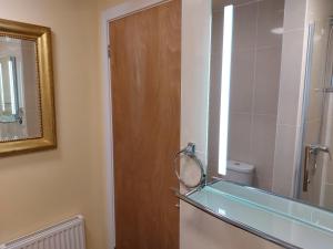 a bathroom with a mirror and a wooden door at Apartment above Sweetharts bakery and coffeeshop in Blackhill, Durham in Shotley Bridge