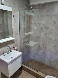 een badkamer met een douche en een wastafel bij Depto Guemes in Salta