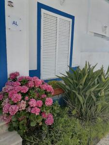 a bunch of pink flowers in front of a window at Alojamento local Família Coelho in Quinta do Conde