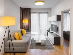 a living room with a couch and a television at Suites and Apartments Medvědín in Špindlerův Mlýn