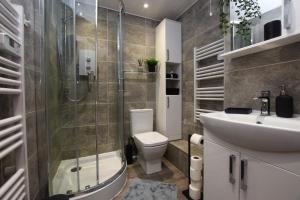 uma casa de banho com um chuveiro, um WC e um lavatório. em Lovely Apartment close to the Town Centre & Train Station em Northampton