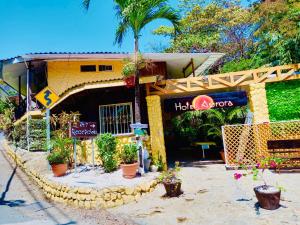un ristorante con piante di fronte a un edificio di Hotel Aurora a Montezuma