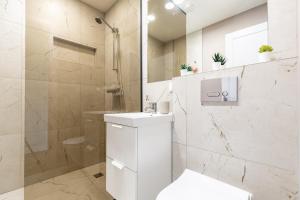 ein weißes Badezimmer mit Toilette und Dusche in der Unterkunft Apartamentai su terasa in Palanga + 9 Fotos