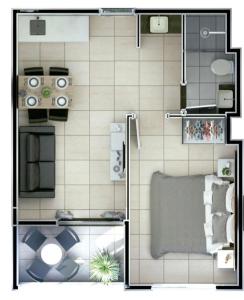 uma planta de um pequeno apartamento com uma cozinha em Salinas premium resort em Salinópolis