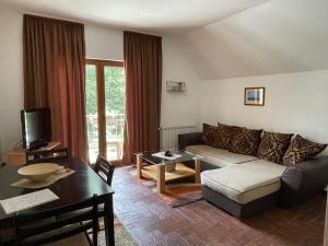ein Wohnzimmer mit einem Sofa und einem Tisch in der Unterkunft Gorska Vila Apartments in Žabljak