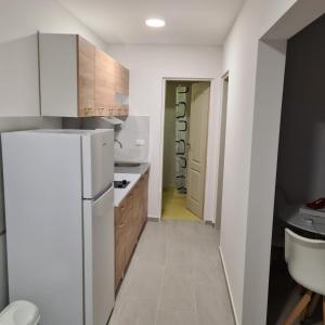 eine Küche mit einem weißen Kühlschrank und Holzschränken in der Unterkunft Apartman Vasilije in Radovići