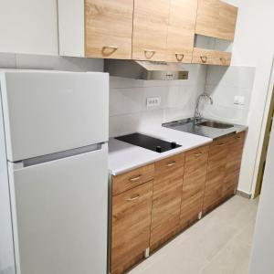 eine Küche mit einem weißen Kühlschrank und Holzschränken in der Unterkunft Apartman Vasilije in Radovići
