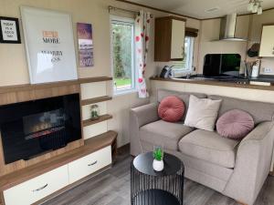 ein Wohnzimmer mit einem Sofa und einem TV in der Unterkunft Ferienhaus Nr916 Persdirekt am Wattenmeer mit Meerblick, hundefreundlich eingezäunt in Westerland