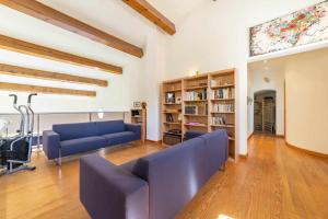 a living room with a blue couch and book shelves at Villa located between Cannes and SaintTropez in Puget-sur Argens