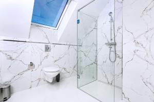 a bathroom with a toilet and a glass shower at Osada Nord domki wypoczynkowe in Jastrzębia Góra +47 photos