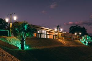 a house with a palm tree in front of it at night at Pousada Trem Chic in Poços de Caldas