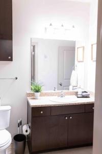 a bathroom with a sink and a toilet at AMPLIFY SPACES 1 and 2 BR Apartments, Downtown Birmingham, UAB in Birmingham