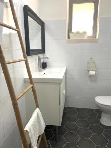 W łazience znajduje się umywalka, toaleta i lustro. w obiekcie אירוח השקד - 10דק' משדה התעופה w mieście Giv‘at Koaẖ