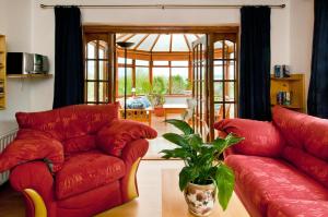 a living room with two red couches and a plant at Shannonview Self Catering in Ballinderry