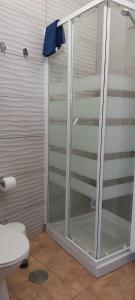 a shower stall in a bathroom with a toilet at APARTAMENTO ROQUE DEL ESTE in Orzola