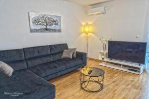 a living room with a black couch and a tv at Urbana Villa Four season in Zagreb