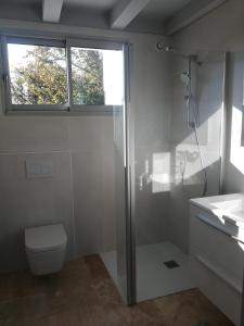 Un baño con ducha, inodoro y ventana. en Duplex vue sur tour Appartement Remparts 3, en La Rochelle 17 fotos más