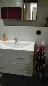 bagno con lavandino bianco e specchio di Haus am Bach a Friburgo in Brisgovia