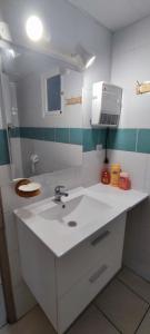 uma casa de banho com um lavatório branco e um espelho. em Appartement 45 m² proche du centre ville em Lunel