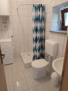 a bathroom with a toilet and a shower curtain at Valentino in Senj +33 photos