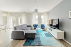salon z kanapą i telewizorem w obiekcie Shum Jeziora Apartament nr 7 w mieście Giżycko