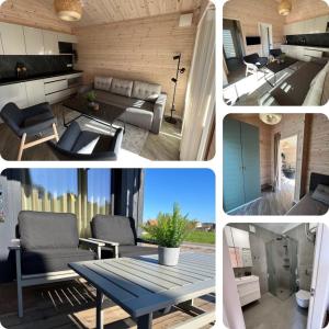 a collage of four pictures of a living room at Apartamentai “Kuršių Snauda” in Palanga
