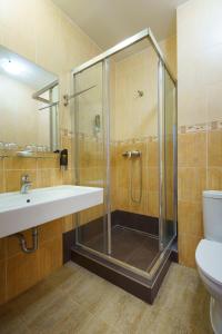 a bathroom with a shower and a sink and a toilet at Hotel Termál in Vyhne