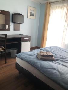 盧克的住宿－Azzurro，一间卧室配有书桌和一张带毛巾的床。