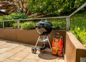 a grill and a bag of carrots sitting next to a wall at Apartment Valy - Free Bikes, Relaxing Terrace & Near Bled in Bled