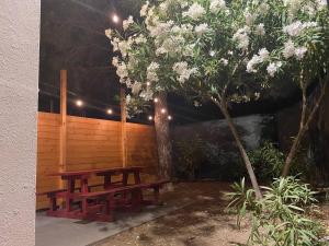 a wooden bench sitting under a tree next to a fence at Hera Bnb in Metaponto