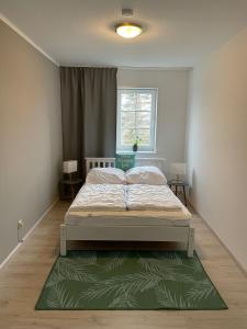 1 dormitorio con 1 cama con alfombra verde en el suelo en Tjarkshof, en Friedrichskoog