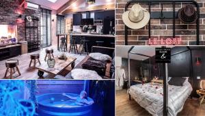 un collage de photos d'un salon et d'une chambre dans l'établissement Appart Hotel GLAM88 Suites avec SPA et Sauna Privatif, à Remiremont