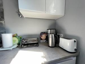 a kitchen counter with a coffee maker and a toaster at Złota Rybka in Rewa