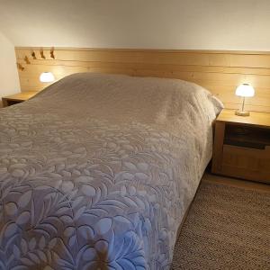 a bed in a bedroom with two lamps on tables at Apartmaji Pri Medvedu in Bohinj