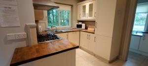 cocina con armarios blancos y encimera en Dunkerron Woods Holiday Homes en Kenmare