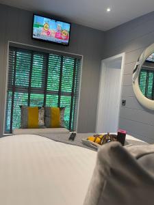 sypialnia z łóżkiem i telewizorem na ścianie w obiekcie P56 - Studio Pod with Hot Tub w mieście Bethesda