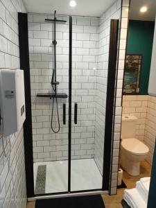 La salle de bains est pourvue d'une douche avec une porte en verre. dans l'établissement la petite Poyannaise, à Poyanne
