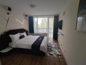 een slaapkamer met een groot bed en een raam bij Complex Nero in Pamporovo