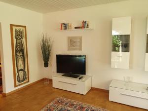 sala de estar con TV de pantalla plana en la pared en Ferienwohnung Stadler en Langenargen