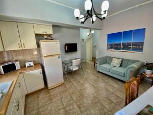 a kitchen and living room with a couch and a refrigerator at Gallery Apartments in Lixouri