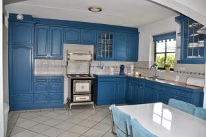 eine blaue Küche mit einem Herd und blauen Schränken in der Unterkunft Buitenplaats 86 in Callantsoog