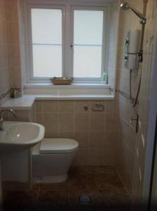 a bathroom with a toilet and a sink and a window at Sea Reach Apartment, 2 minutes from beach and town in Newquay