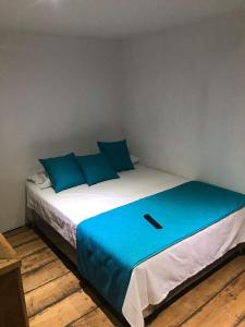 een slaapkamer met een bed met blauwe kussens bij Parrot House San Antonio in Cali