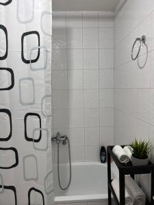 a bathroom with a shower with a white tub at Apartment 777 in Bijelo Polje