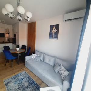 sala de estar con sofá y mesa en Lux Apartment parking gratis, en Złotów