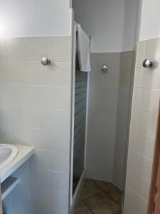 a bathroom with a shower and a sink at Les Jardins De Santa Giulia - Charmante chambre dhte 1 in Porto-Vecchio