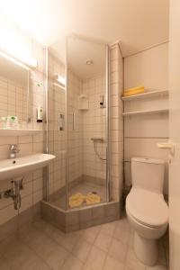 a bathroom with a shower and a toilet and a sink at Hotel Wald und See in Heringsdorf