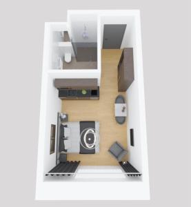 Cette chambre offre une vue sur un petit appartement avec un plan d'étage. dans l'établissement MOOI Apartments Schlieren, à Schlieren