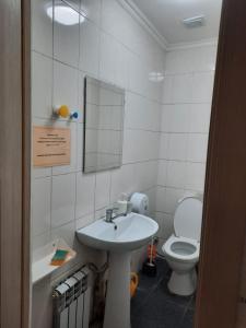 La salle de bains est pourvue d'un lavabo, de toilettes et d'un miroir. dans l'établissement Ohana Boutique, à Astana