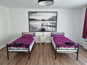 two beds in a room with a painting on the wall at Relax City Apartments in Kehl am Rhein